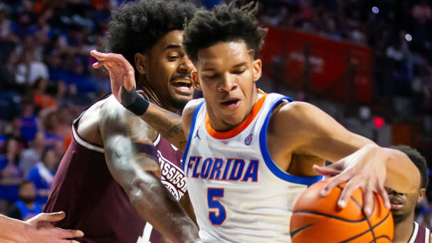 Mississippi State Bulldogs forward Tolu Smith (1) pressures Florida Gators guard Will Richard (5) in the first half. The Florida men s basketball team hosted the Mississippi State Bulldogs at Exactech Arena at the Stephen C. O Connell Center in Gainesville, FL on Wednesday, January 24, 2024.